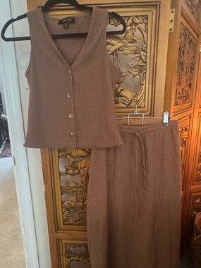 Truth Brown Ribbed Knit Skirt Set - Sleeveless Button Vest & Drawstring Skirt